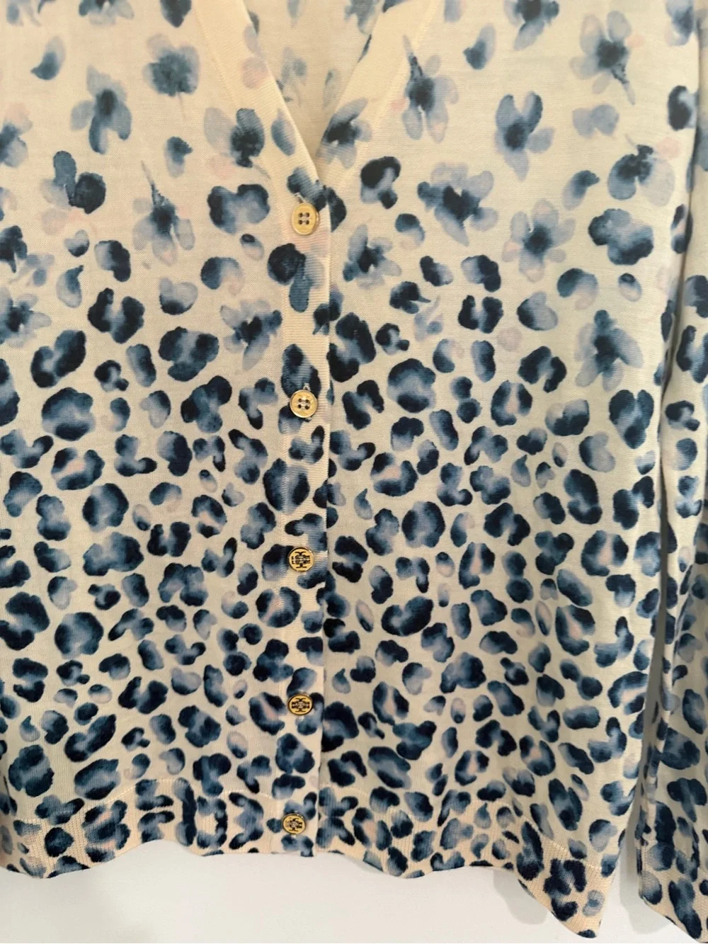 Tory Burch Blue White Floral Leopard Cardigan Sweater Quiet Luxury Preppy Sz S